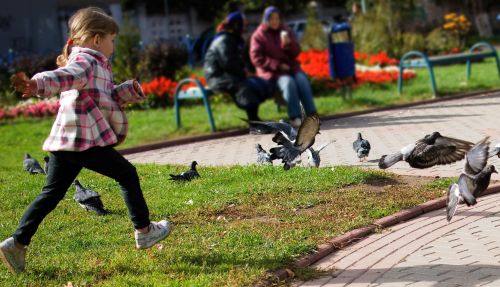 Young Girl in Park Chasing Birds